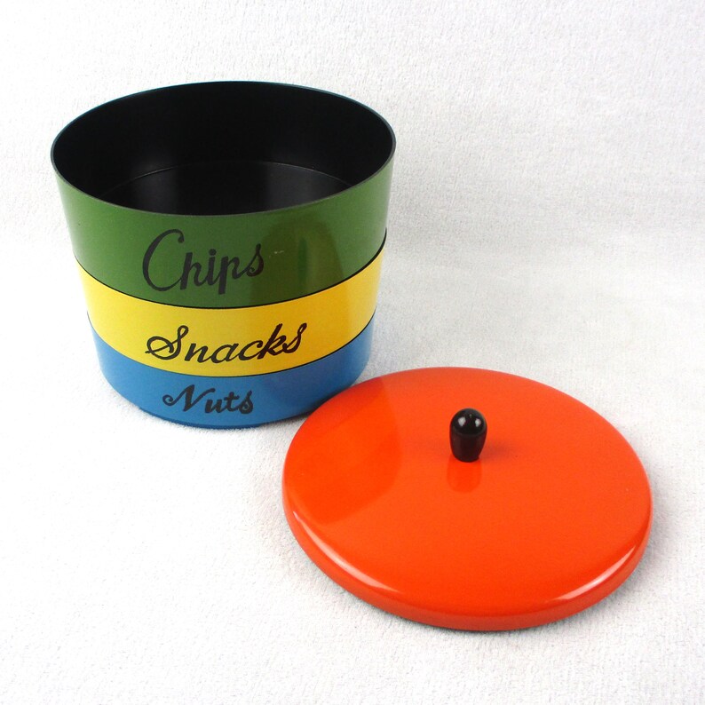 Recipiente apilable para servir y almacenar, lacado, Japón, redondo, para patatas fritas, aperitivos, frutos secos, servir, naranja, azul, verde, amarillo, vintage de los años 60, utensilios de cocina y bar. imagen 3