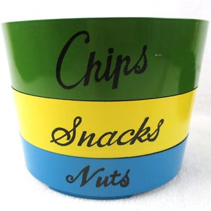 Recipiente apilable para servir y almacenar, lacado, Japón, redondo, para patatas fritas, aperitivos, frutos secos, servir, naranja, azul, verde, amarillo, vintage de los años 60, utensilios de cocina y bar. imagen 7