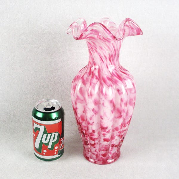 Fenton Rose Mist Murrhina Large Art Glass Vase Ruffled Rim Vintage 1950s Cranberry Opalescent