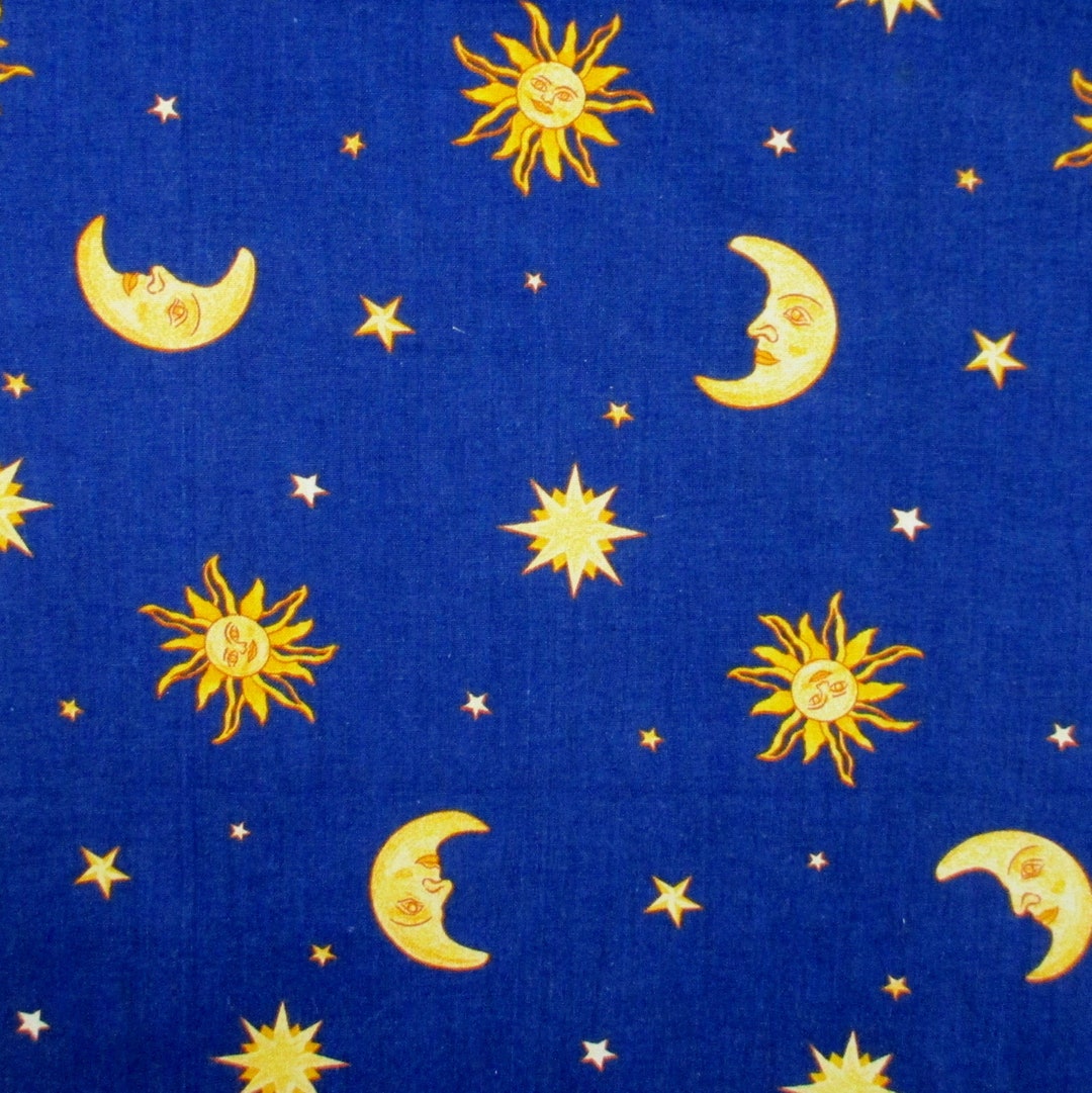 Sun Moon Stars Fabric Celestial Vintage 1990s Dark Blue Gold Night Sky ...