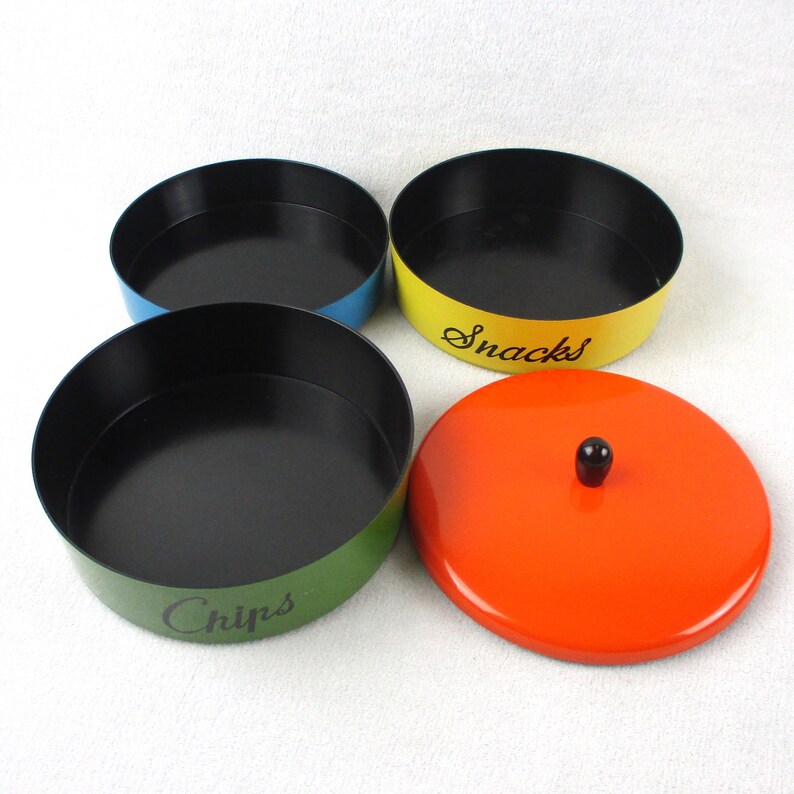 Recipiente apilable para servir y almacenar, lacado, Japón, redondo, para patatas fritas, aperitivos, frutos secos, servir, naranja, azul, verde, amarillo, vintage de los años 60, utensilios de cocina y bar. imagen 4