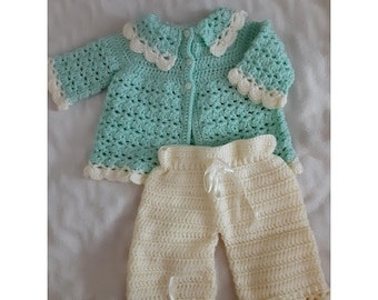 Handmade Crochet Baby Set  Mint & Cream (Classic Heirloom Style)  6-9 mos.