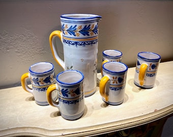 Vintage Talavera White Yellow and Blue Pitcher and Mugs Set Mexican Pottery