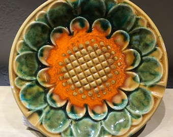 Vintage Mid Century Modern Mod Flower Colorful Ceramic Ashtray Dish Plate