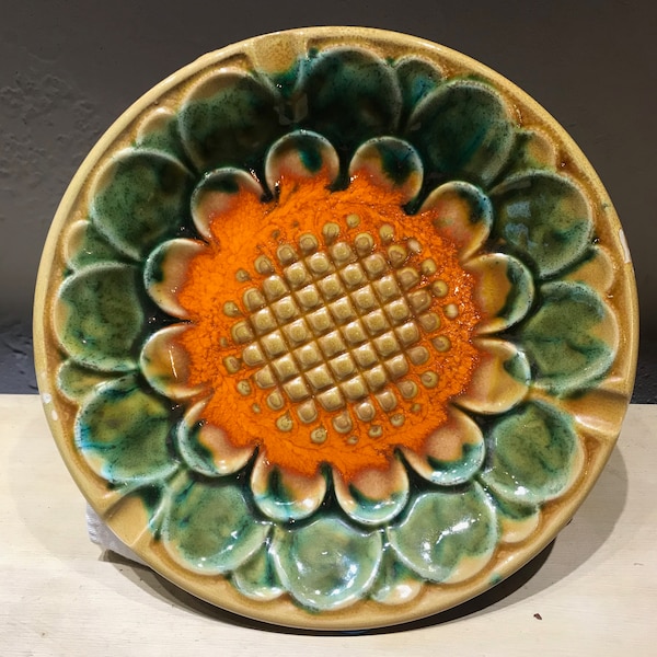 Vintage Mid Century Modern Mod Flower Colorful Ceramic Ashtray Dish Plate