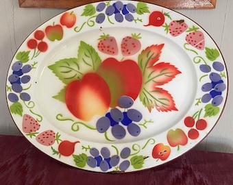 Vintage 1950's Colorful Farmhouse Fruit Apples and Grapes Serving Platter
