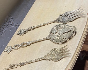 Set of Three Antique Italian Montagnani Silverware Brass Ornate Service Forks and Spoon