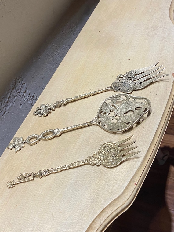 Set of Three Antique Italian Montagnani Silverware Brass Ornate Service Forks and Spoon Etsy