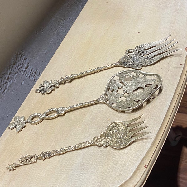 Set of Three Antique Italian Montagnani Silverware Brass Ornate Service Forks and Spoon
