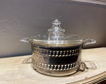 Vintage 1920's Corning Glassworks Pyrex Etched Glass and Ornate Round Casserole Serving Dish with Lid and Silver Plate Caddy