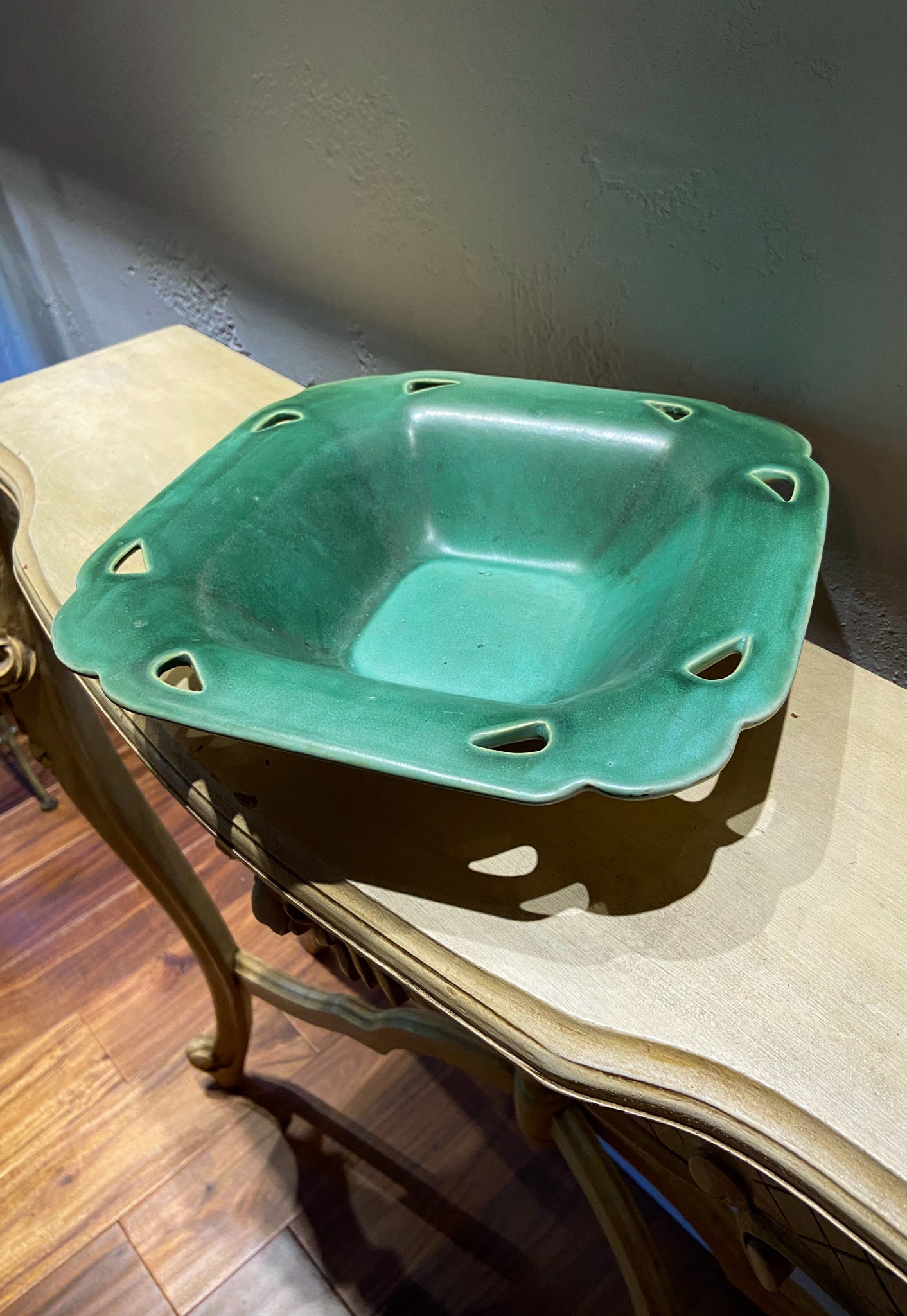 1920s Arts and Crafts Weller Art Pottery Matte Green Square Centerpiece Low Bowl