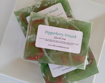 Pepperberry Wreath Soap - Green Christmas Soap - Berries & Fir Tree Soap - Glycerin Soap - Holiday Soap Gift - Coworker Office Soap Gift