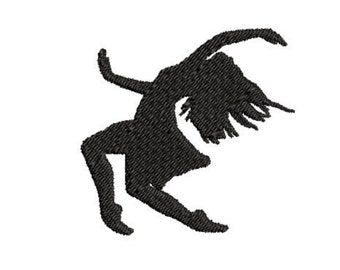 May include: Silhouette of a person dancing, with arms raised and legs bent, in a black and white design.