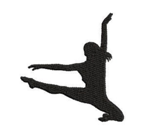 May include: Silhouette of a dancer in mid-air, with one leg extended and the other bent, arms raised above the head.
