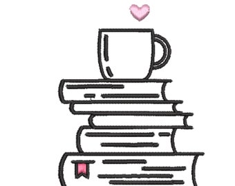Stack of Books and a Cozy Mug Machine Embroidery Design, Coffee Book Embroidery Design, Quick Stitch