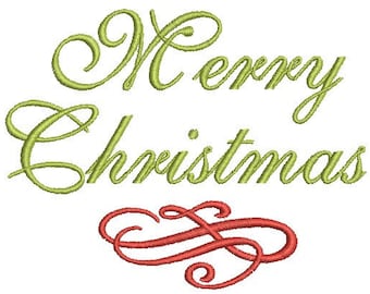 May include: An embroidery design featuring the text Merry Christmas stitched in a light green cursive font, positioned above a decorative red flourish with intricate swirling lines and loops, all rendered in a clean, thread-like texture.