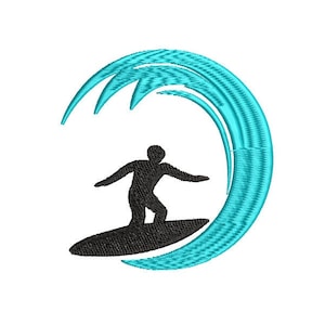 Op de afbeelding: Een silhouet van een persoon die surft op een golf. De golf is blauw en wit en heeft de vorm van een cirkel. De persoon is zwart en rijdt op een surfboard.