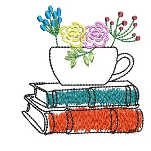 May include: A white teacup with a handle sits on top of two stacked books. The teacup is filled with colorful flowers, including yellow, pink, blue, and green.