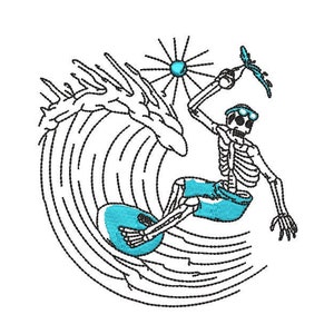May include: A black and white line drawing of a skeleton surfing on a blue surfboard. The skeleton is wearing blue swim trunks and goggles. The sun is shining above the skeleton.
