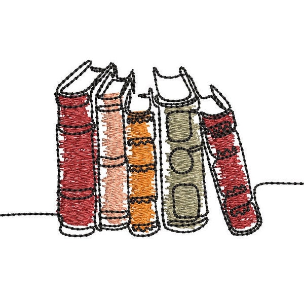 Motif de broderie Machine pile de livres, 3 tailles, dessin à main levée Doodle