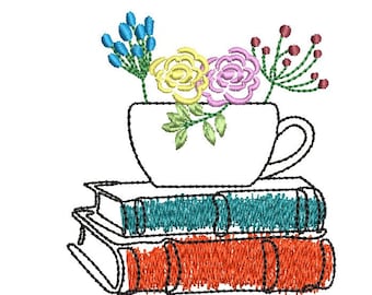 Tea Cup with Stack of Books Machine Embroidery Design, Coffee Book Embroidery Design, Quick Stitch