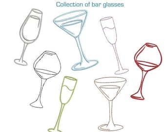 Collection of 6 Bar Glass Machine Embroidery Design, 3 Designs, Wine Glasses, Champagne