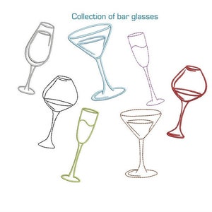 Collection of 6 Bar Glass Machine Embroidery Design, 3 Designs, Wine Embroidery design, Champagne embroidery design