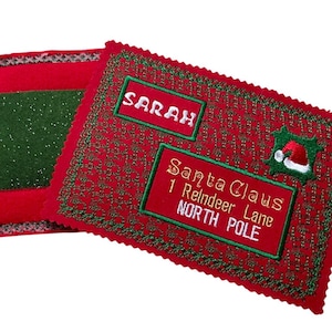 Design de bordado de cartão postal de carta para o Papai Noel, porta-cartão de presente no aro
