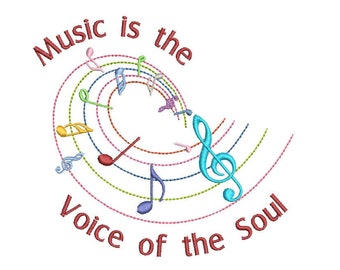 Music is the Voice of the Soul Machine Embroidery Design, 2 sizes, Swirl music notes embroidery design, music machine embroidery