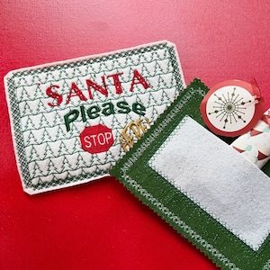 Santa Postkaart Borduurontwerp, Santa Stop hier alstublieft Briefkaart In The Hoop borduurontwerp, ITH