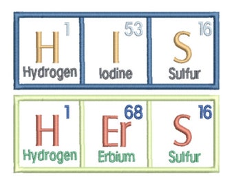 HIS and HERS Periodic Table of Elements Embroidery Design, 2 sizes, 4x4, 5x7 hoop, Bath Towel Embroidery, wedding, His and Hers embroidery