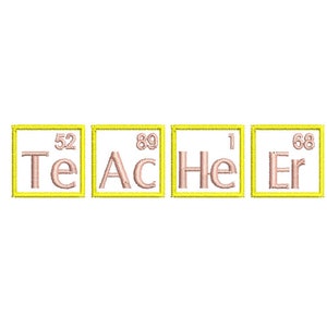 Może przedstawiać: Żółto-różowa grafika z napisem "Teacher" napisanym za pomocą symboli pierwiastków chemicznych i liczb atomowych telluru (Te), aktynu (Ac), helu (He) i erbu (Er).