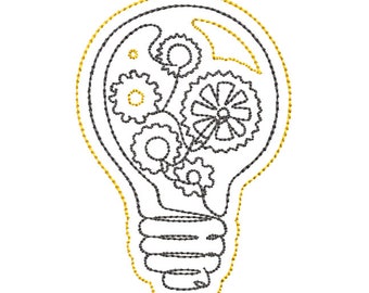 Idea Light Bulb Gear Embroidery Design, 2 sizes, With and without color, Great for teens!
