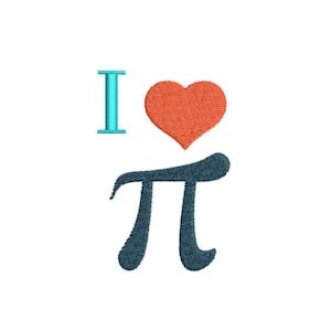 Könnte beinhalten: Eine blaue und weiße Grafik mit dem Text "I love pi" mit einem roten Herzen zwischen den Wörtern "I" und "love".