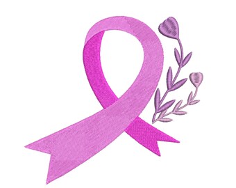 Flower Cancer Ribbon Machine Embroidery Design, Breast Cancer Embroidery Design