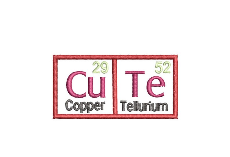 May include: A red square with a white background and the words "Cu Te" in pink letters. The numbers "29" and "52" are in light green above the letters. The words "Copper" and "Tellurium" are below the letters in gray.