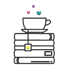 May include: A stack of books with a teacup and saucer on top. The teacup has a tea bag with a yellow heart hanging from it. There are four small hearts in different colors floating above the teacup.