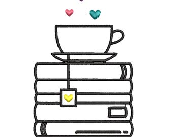 Stack of Books and a Cup a Tea Machine Embroidery Design, Book Embroidery Design, Quick Stitch