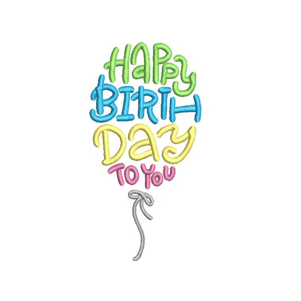 Happy Birthday Luftballon Stickmuster, 2 Größen, Stickdatei Geburtstag, Schrift