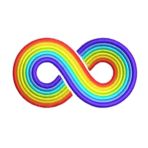 Puede incluir: Un símbolo de infinito arcoíris hecho de hilo de bordar de colores.