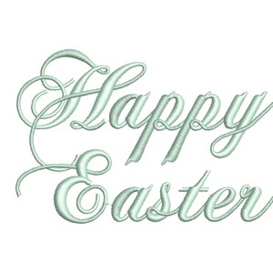 Op de afbeelding: Een cursief schriftontwerp in lichtgroen dat "Happy Easter" zegt.