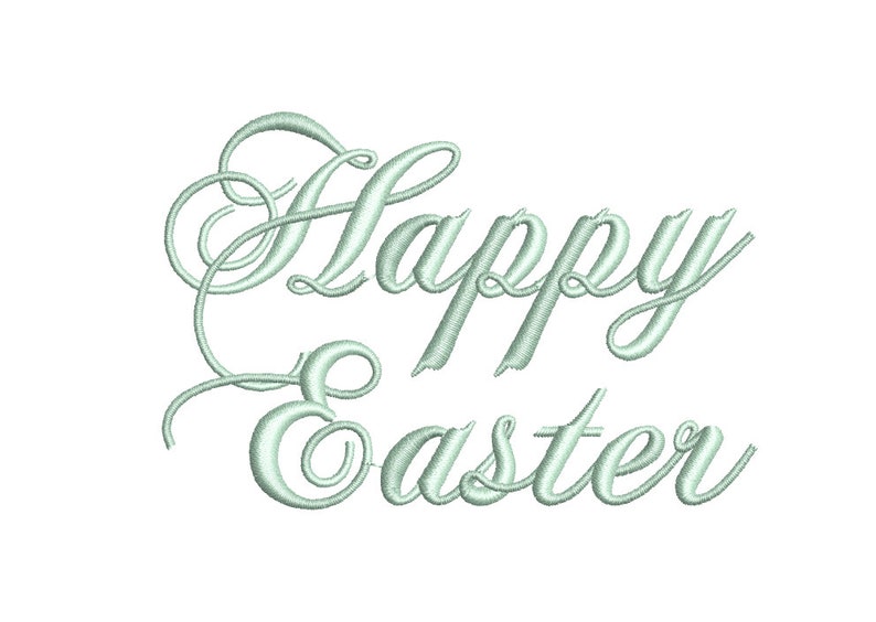 Op de afbeelding: Een cursief schriftontwerp in lichtgroen dat "Happy Easter" zegt.