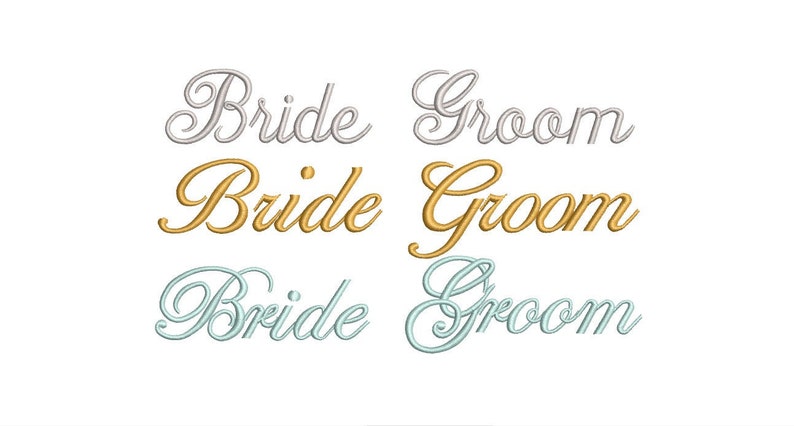 May include: Three variations of the words "Bride" and "Groom" in cursive script. The words are in silver, gold, and light blue.