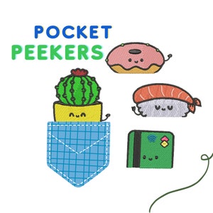 Puede incluir: Parches bordados con un donut, sushi, una tarjeta de crédito y un cactus en un diseño de bolsillo. Los parches son coloridos con caras sonrientes y el texto "POCKET PEEKERS" en azul y verde.