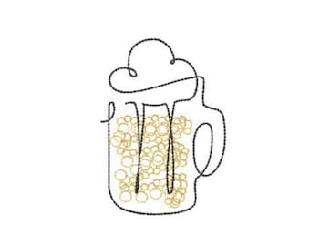 May include: A black line drawing of a beer mug with a white foam top and gold bubbles inside.