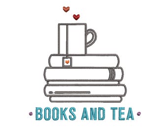 Stack of Books and a Cup a Tea Machine Embroidery Design, Tea Lover Embroidery Design, Quick Stitch