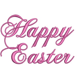 Op de afbeelding: Roze cursieve tekst die "Happy Easter" zegt op een witte achtergrond.