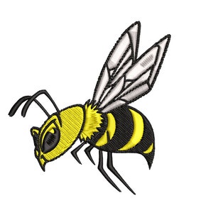 Könnte beinhalten: Eine gelbe und schwarze Cartoon-Biene mit grauen Flügeln. Die Biene fliegt mit ausgebreiteten Flügeln. Die Biene hat einen schwarzen Stachel und ein Paar schwarze Fühler.