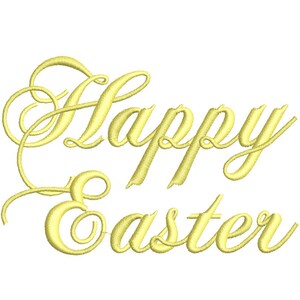 Op de afbeelding: Een gouden grafische afbeelding in cursief schrift met de tekst "Happy Easter".