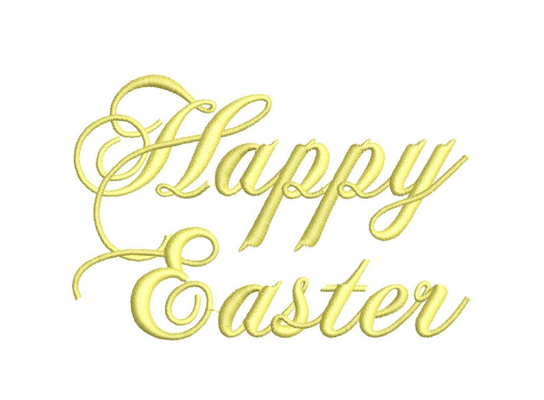 Op de afbeelding: Een gouden grafische afbeelding in cursief schrift met de tekst "Happy Easter".